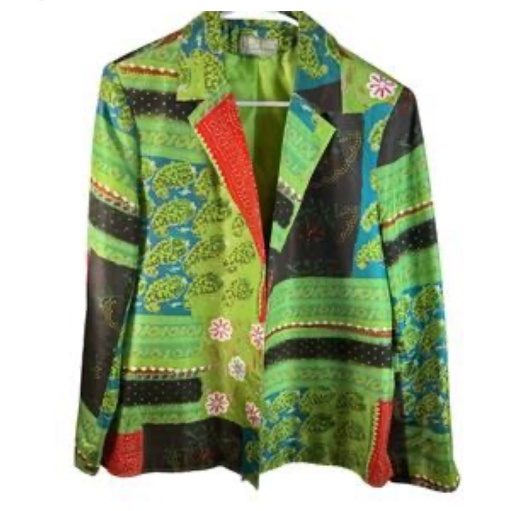 Vintage  💯% silk two piece suit resort wear tropical , patchwork print HR pants